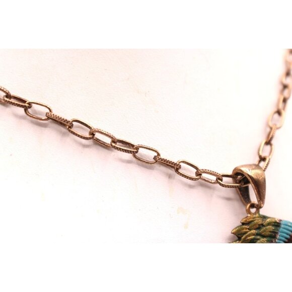 Vintage Native American Chief Headdress Pendant Necklace Rhinestone Enamel Paint - Picture 4 of 9